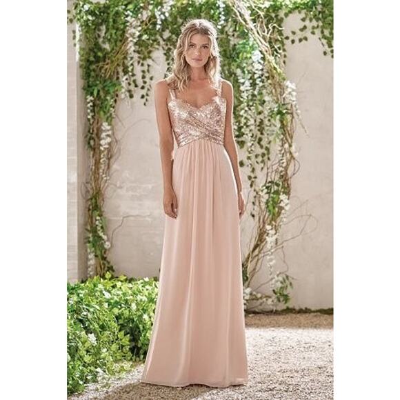 2724 NWT Jasmine B193005 Long Sweetheart Neckline Sequin & Poly Chiffon Dress - Picture 1 of 2